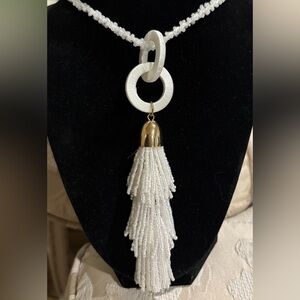 INC International Concepts White Beaded Tassel Necklace with Gold Accent